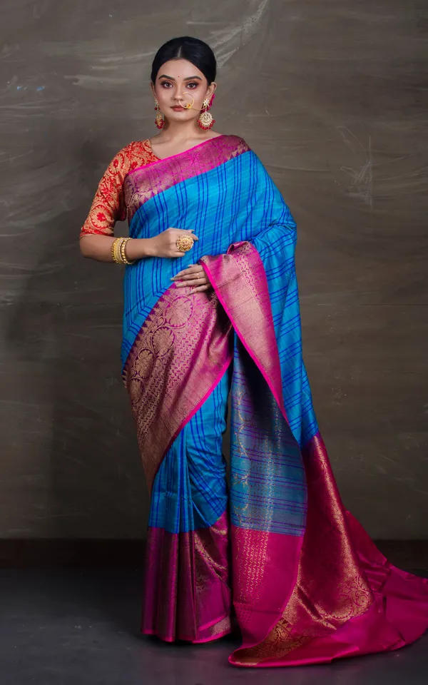 Pure_Dupion_Tussar_Banarasi_Saree_In_Blue_And_Rani