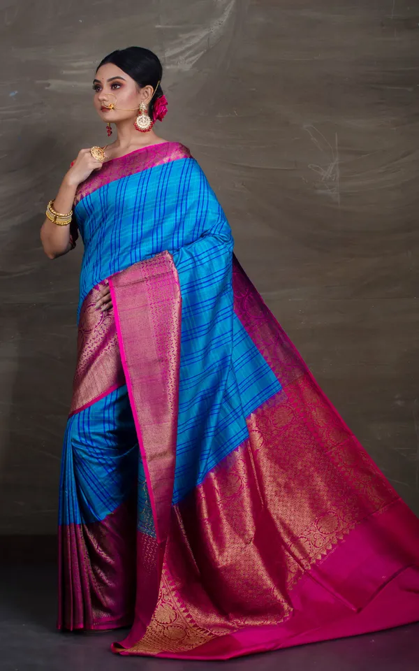 Pure_Dupion_Tussar_Banarasi_Saree_In_Blue_And_Rani