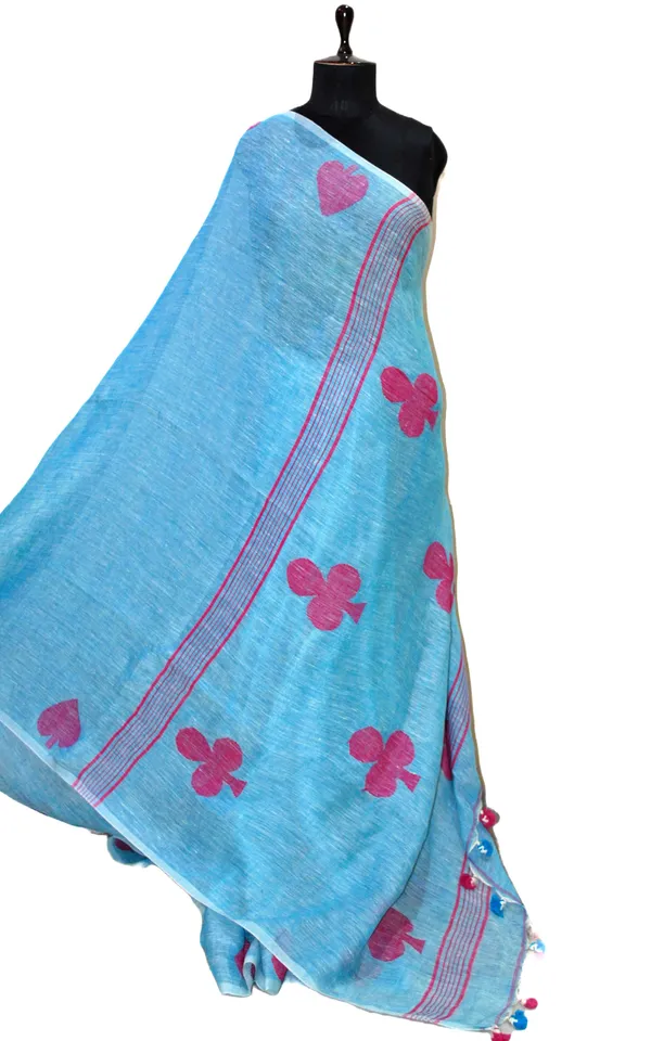 Linen_Saree_In_Denim_Blue_And_Rani