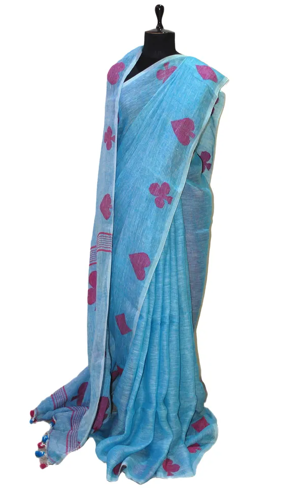 Linen_Saree_In_Denim_Blue_And_Rani