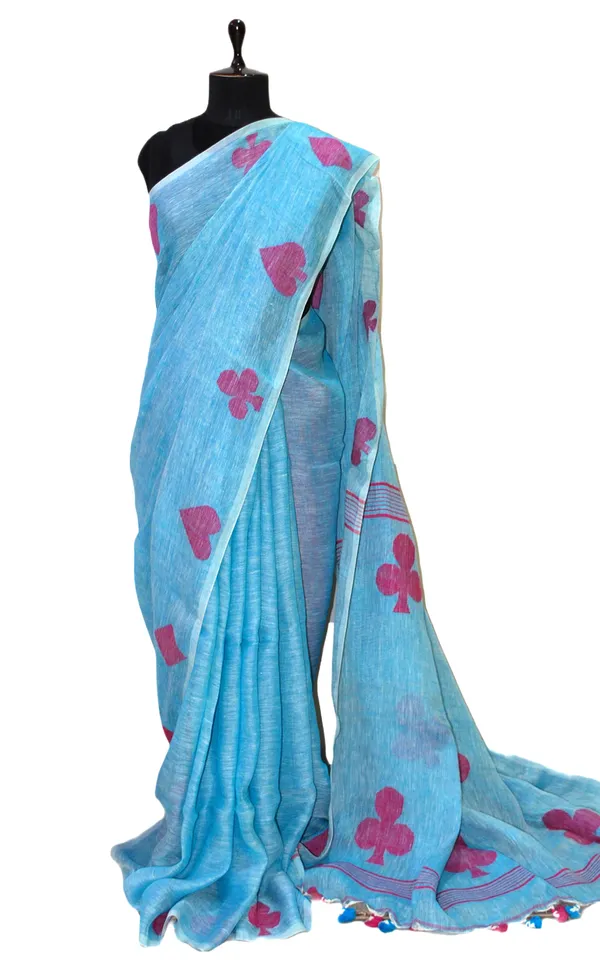 Linen_Saree_In_Denim_Blue_And_Rani