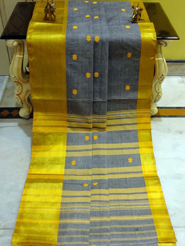 Bengal_Handloom_Satin_Silk_Border_Cotton_Saree_In_Steel_Grey_And_Corn_Yellow