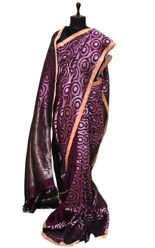 Chakram_Motif_Designer_Brocade_Linen_Saree_In_Purple_And_Silver