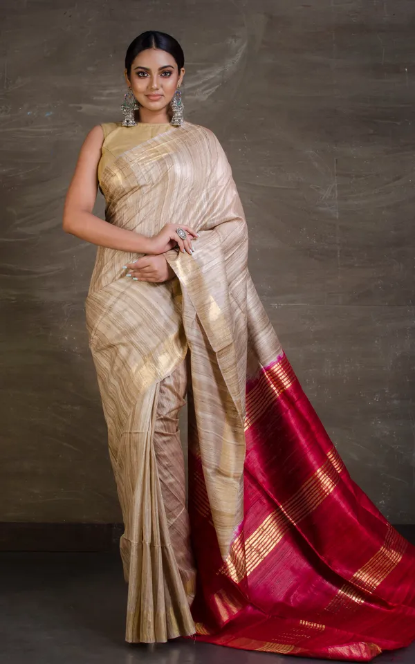 Pure_Handloom_Ghicha_Tussar_Saree_In_Beige_And_Dark_Red