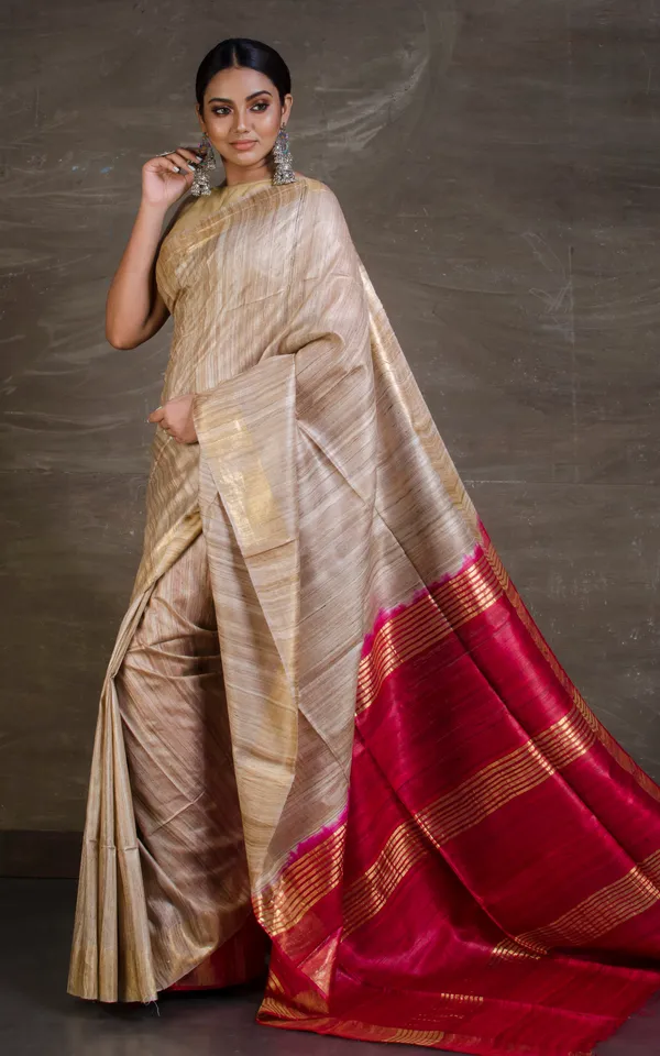 Pure_Handloom_Ghicha_Tussar_Saree_In_Beige_And_Dark_Red