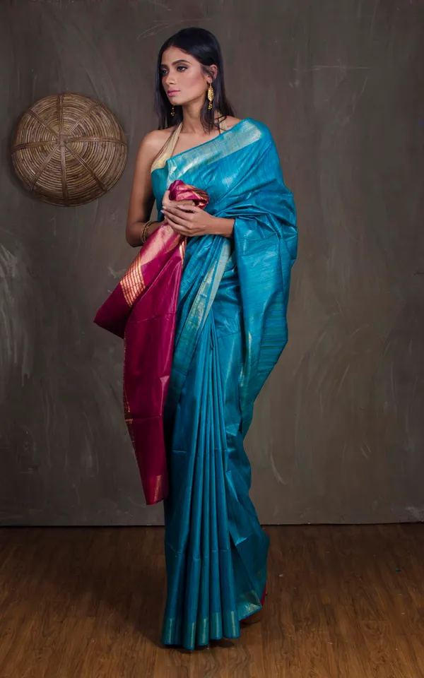 Pure_Handloom_Ghicha_Tussar_Saree_In_Cerulean_Blue_And_Burgundy