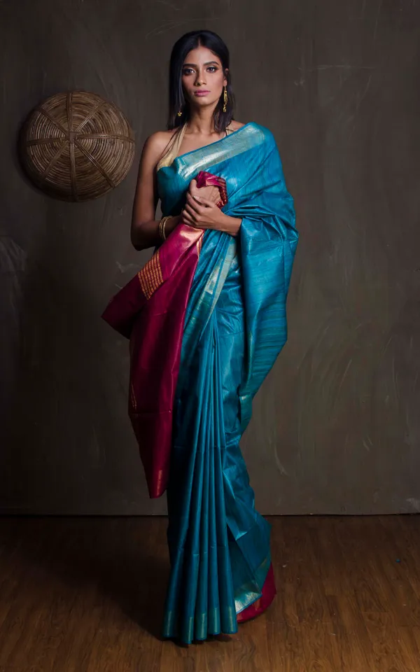 Pure_Handloom_Ghicha_Tussar_Saree_In_Cerulean_Blue_And_Burgundy