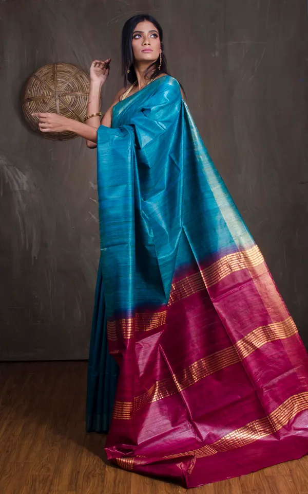 Pure_Handloom_Ghicha_Tussar_Saree_In_Cerulean_Blue_And_Burgundy