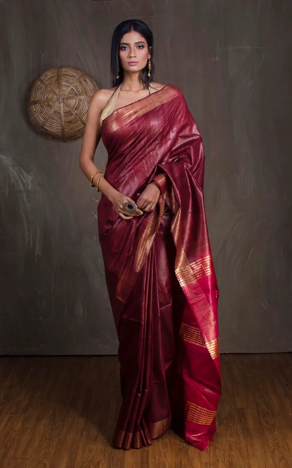 Pure_Handloom_Ghicha_Tussar_Saree_In_Brownish_Maroon_And_Red