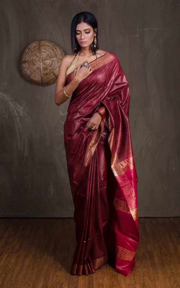 Pure_Handloom_Ghicha_Tussar_Saree_In_Brownish_Maroon_And_Red