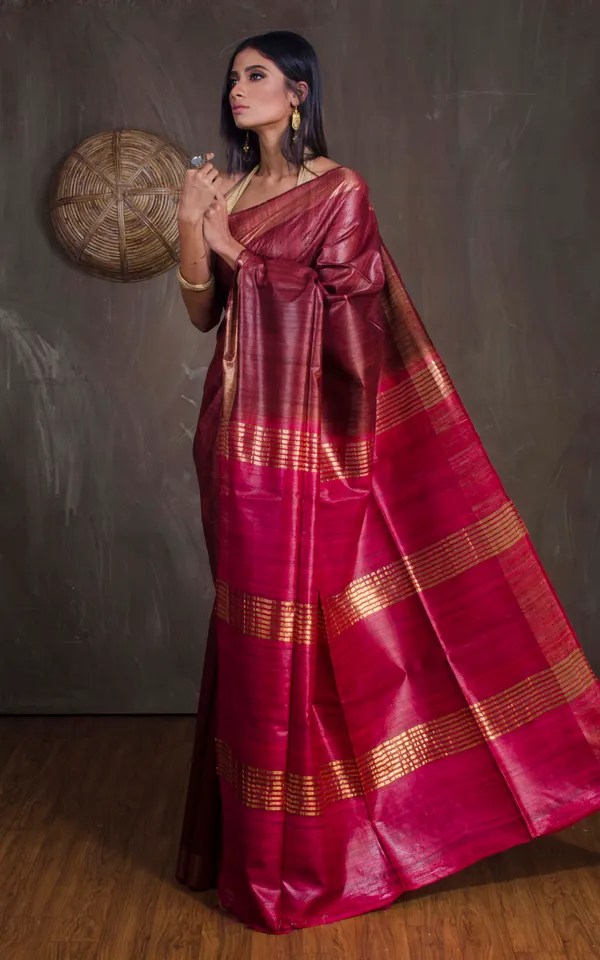 Pure_Handloom_Ghicha_Tussar_Saree_In_Brownish_Maroon_And_Red