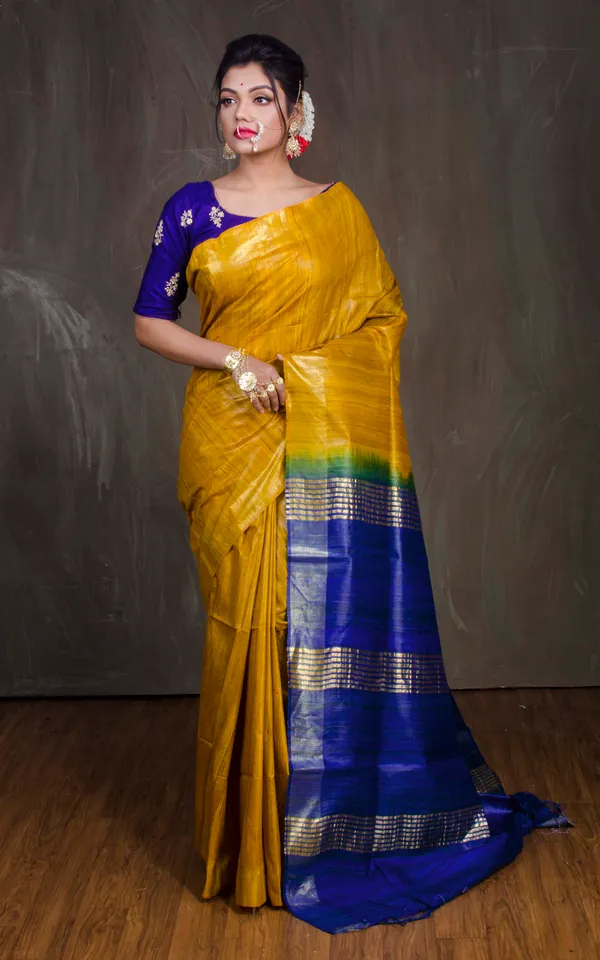 Pure_Handloom_Ghicha_Tussar_Saree_In_Yellow_And_Royal_Blue