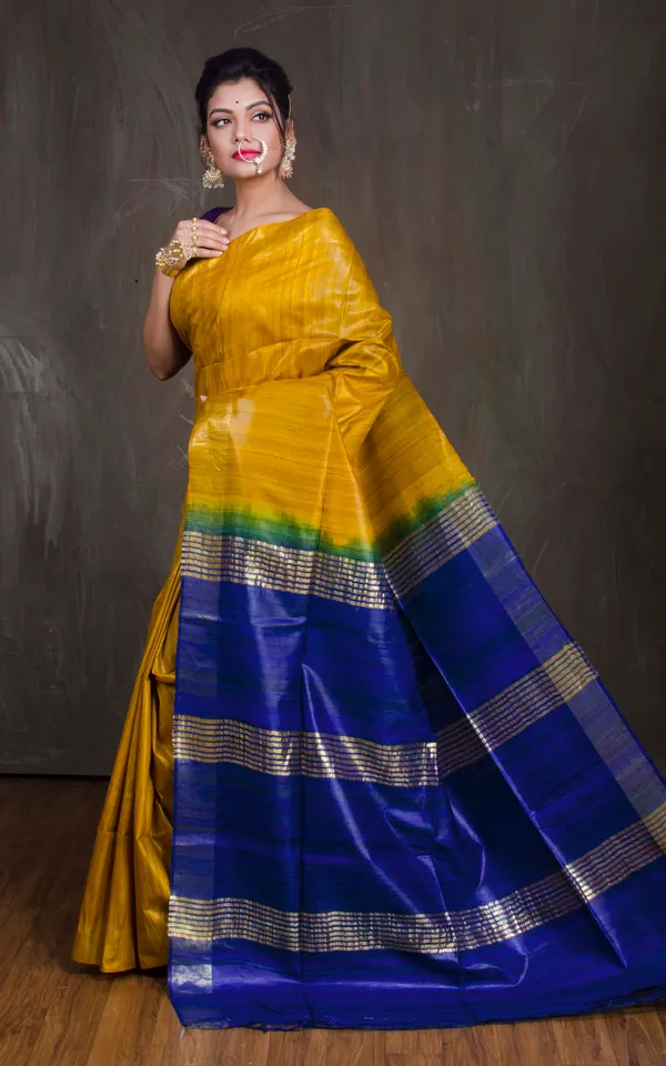 Pure_Handloom_Ghicha_Tussar_Saree_In_Yellow_And_Royal_Blue