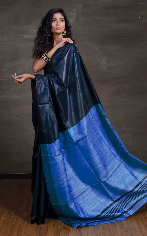 Hand_Woven_Soft_Staple_Ghicha_Tussar_Saree_In_Black_And_Denim_Blue