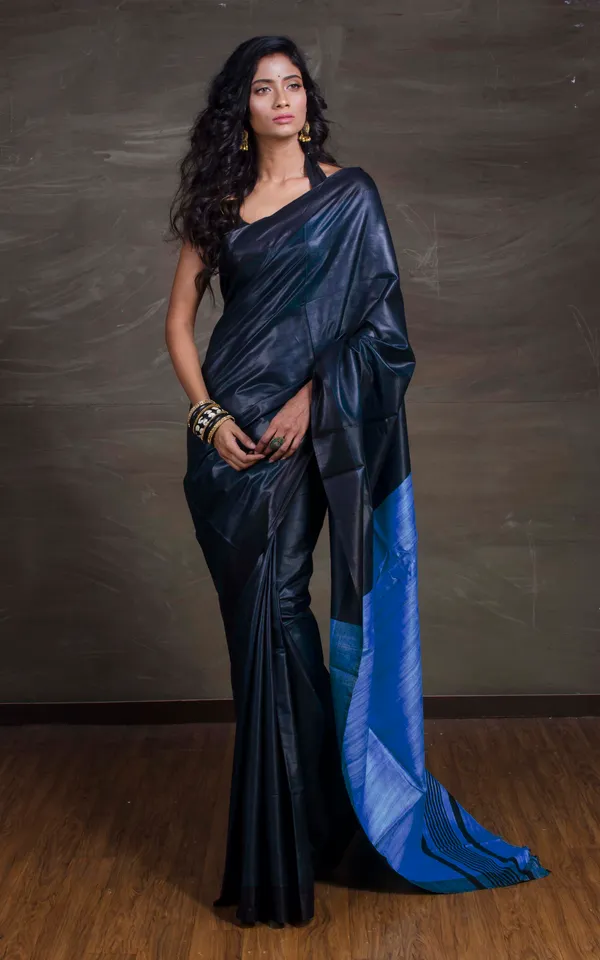 Hand_Woven_Soft_Staple_Ghicha_Tussar_Saree_In_Black_And_Denim_Blue