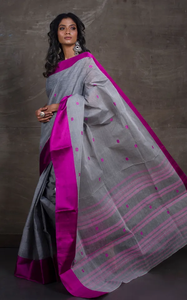Bengal_Handloom_Satin_Silk_Border_Cotton_Saree_In_Steel_Grey_And_Magenta