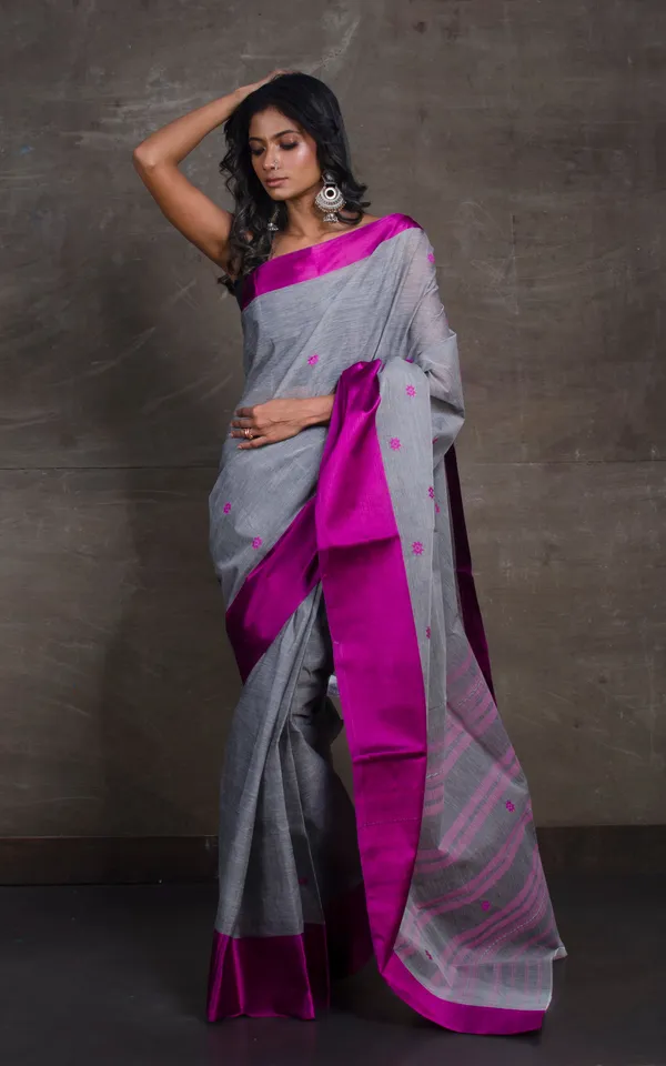 Bengal_Handloom_Satin_Silk_Border_Cotton_Saree_In_Steel_Grey_And_Magenta