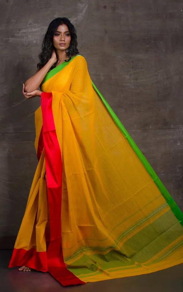 Bengal_Handloom_Designer_Cotton_Saree_In_Yellow_Red_And_Green