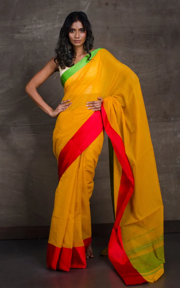 Bengal_Handloom_Designer_Cotton_Saree_In_Yellow_Red_And_Green