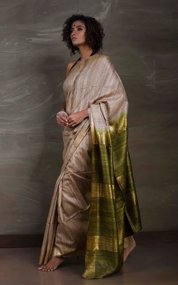 Pure_Handloom_Ghicha_Tussar_Saree_In_Natural_Colour_And_Moss_Green