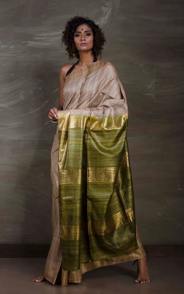 Pure_Handloom_Ghicha_Tussar_Saree_In_Natural_Colour_And_Moss_Green