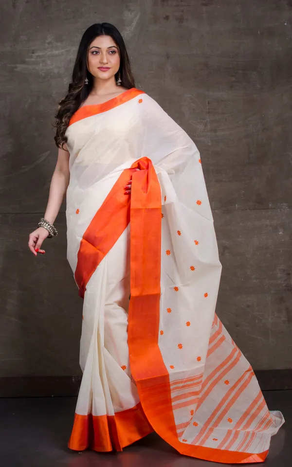 Bengal_Handloom_Satin_Silk_Border_Cotton_Saree_In_White_And_Orange