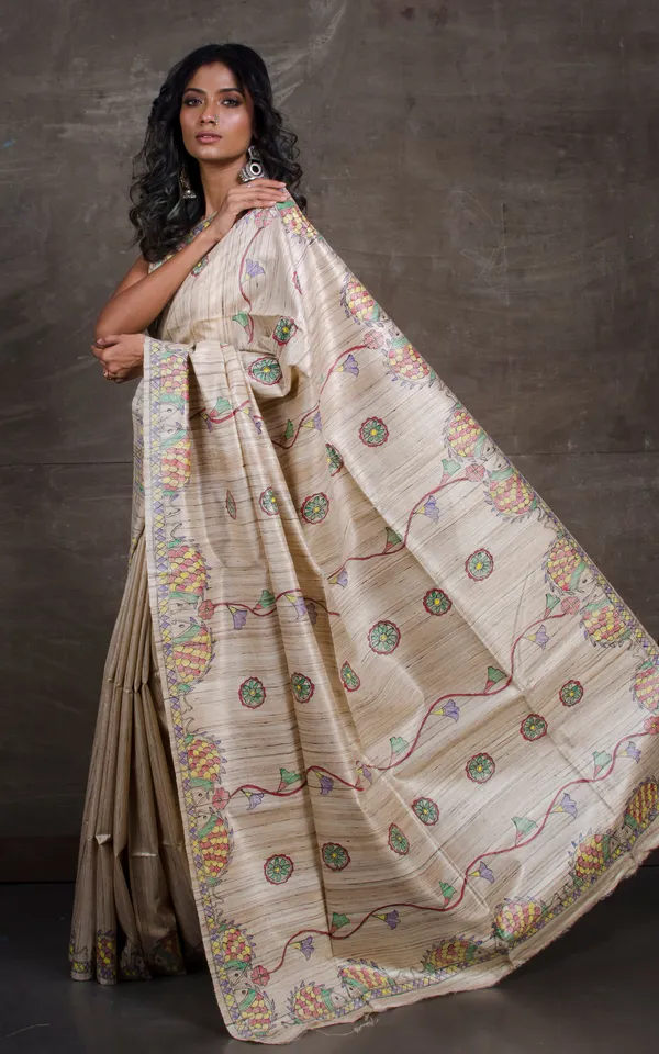 Hand_Paint_Madhubani_On_Natural_Ghicha_Tussar_Silk_Saree