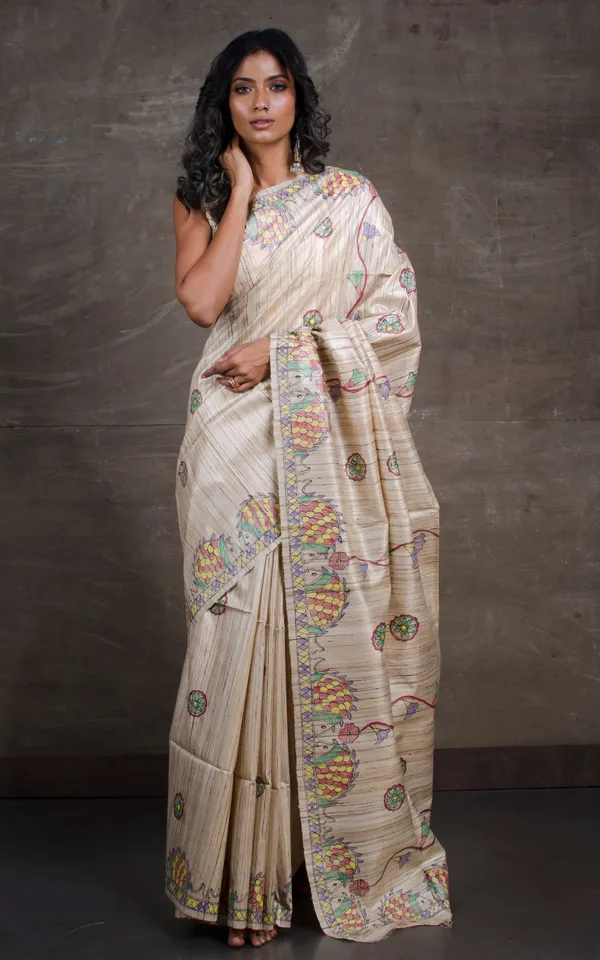 Hand_Paint_Madhubani_On_Natural_Ghicha_Tussar_Silk_Saree