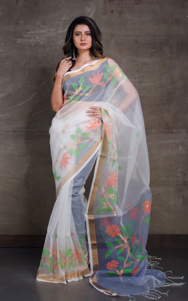 Skirt_Border_Work_Muslin_Jamdani_Saree_In_Off_White_And_Multicolor_Thread_Work