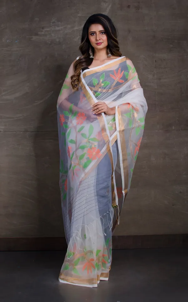 Skirt_Border_Work_Muslin_Jamdani_Saree_In_Off_White_And_Multicolor_Thread_Work