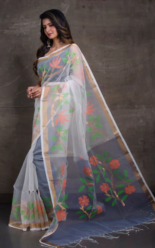 Skirt_Border_Work_Muslin_Jamdani_Saree_In_Off_White_And_Multicolor_Thread_Work