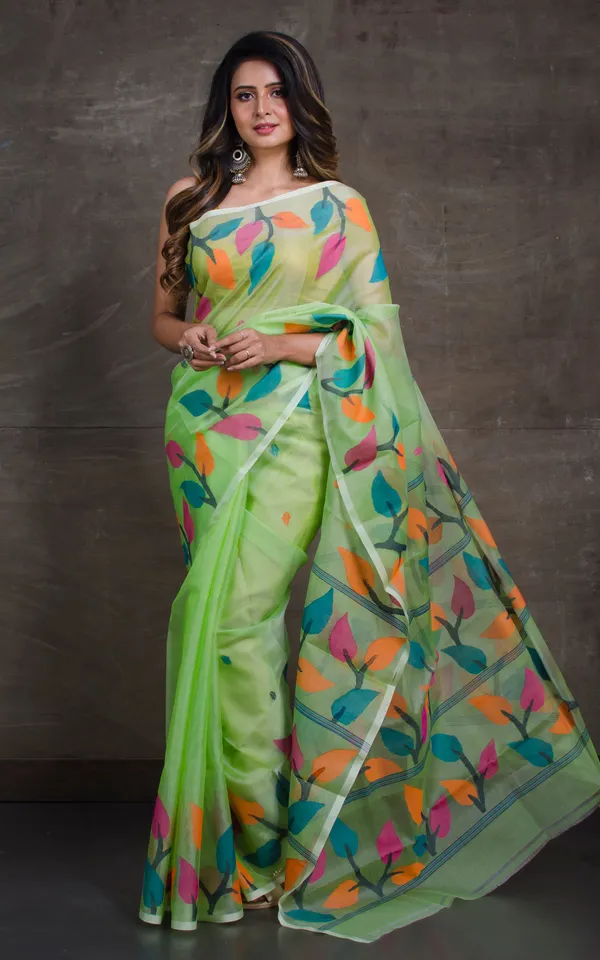 Hand_Woven_Leaf_Nakshi_Motif_Work_Muslin_Silk_Jamdani_Saree_In_Apple_Green_And_Multicolor