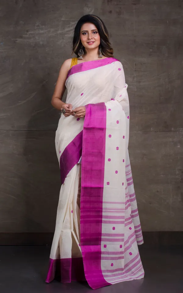 Bengal_Handloom_Satin_Silk_Border_Cotton_Saree_In_White_And_Deep_Purple