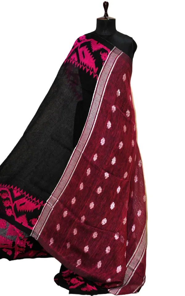 Woven_Karat_Work_Border_Linen_Jamdani_Saree_In_Black_And_Fuchsia