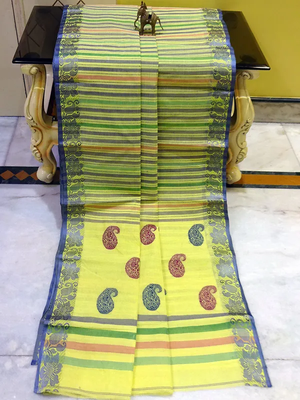 Medium_Size_Thread_Nakshi_Border_Premium_Quality_Bengal_Handloom_Cotton_Saree_In_Lemon_Yellow_Grey_Purple_And_Green