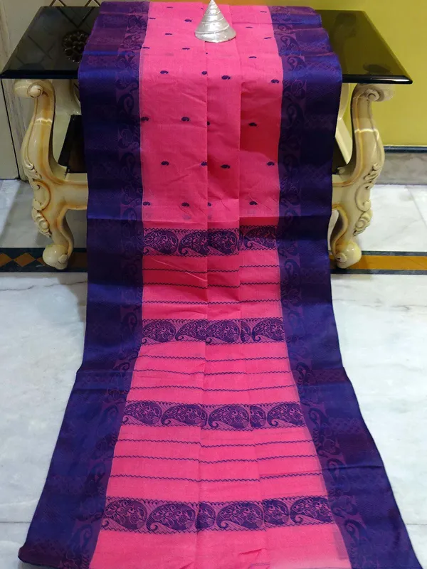 Resham_Thread_Work_Tangail_Handloom_Cotton_Saree_In_Watermelon_Pink_And_Deep_Blue