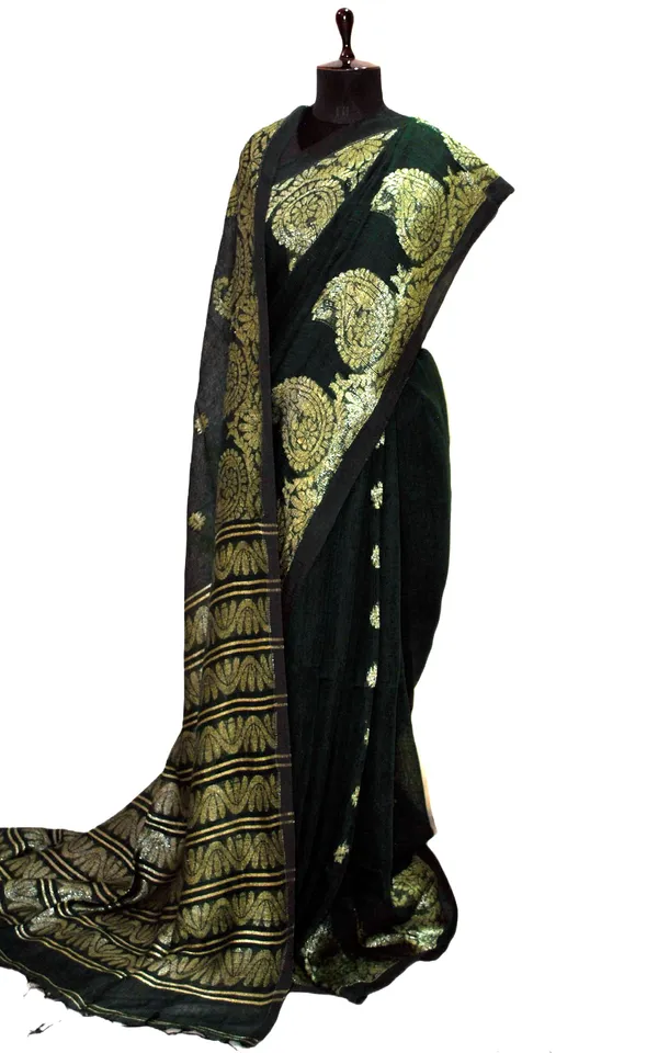 Woven_Paisley_Motif_Work_Border_Linen_Jamdani_Saree_In_Black_And_Antique_Silver