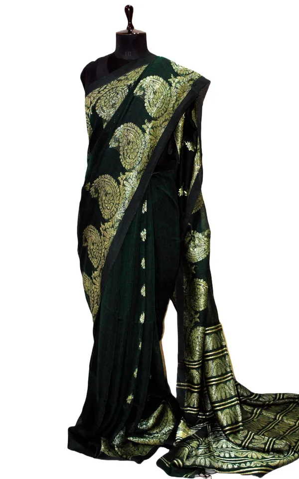 Woven_Paisley_Motif_Work_Border_Linen_Jamdani_Saree_In_Black_And_Antique_Silver