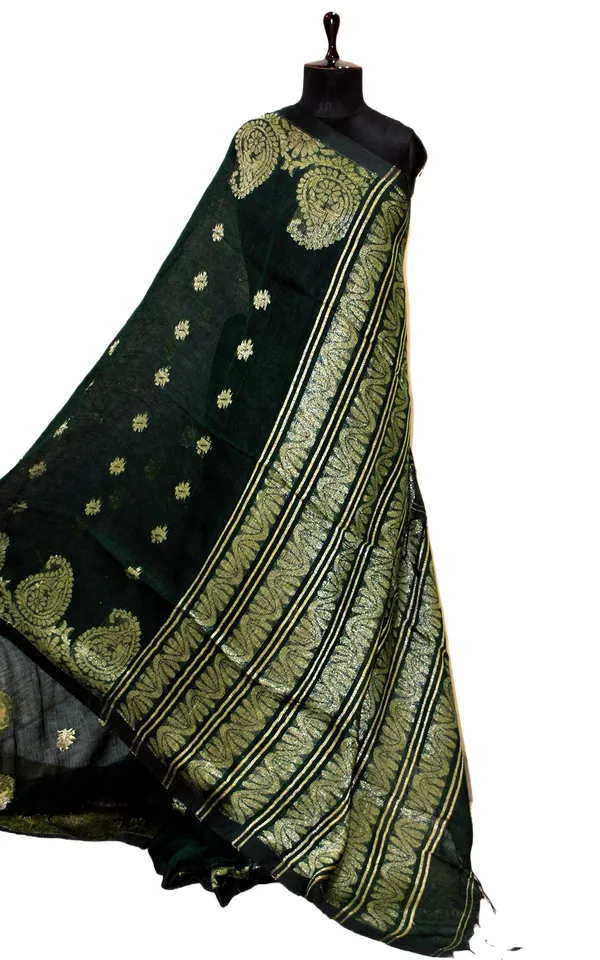 Woven_Paisley_Motif_Work_Border_Linen_Jamdani_Saree_In_Black_And_Antique_Silver