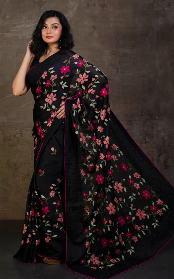 Parsi_Cross_Stitch_Work_Designer_Italian_Crepe_Silk_Saree_In_Black_Hot_Pink_And_Multicolor_Thread_Work