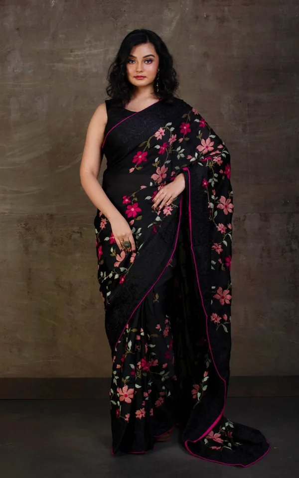 Parsi_Cross_Stitch_Work_Designer_Italian_Crepe_Silk_Saree_In_Black_Hot_Pink_And_Multicolor_Thread_Work