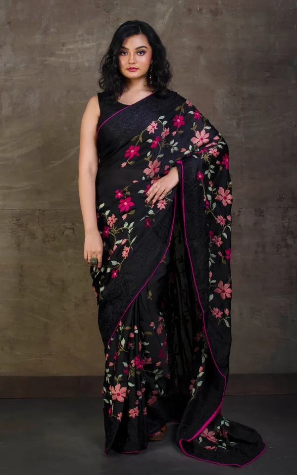 Parsi_Cross_Stitch_Work_Designer_Italian_Crepe_Silk_Saree_In_Black_Hot_Pink_And_Multicolor_Thread_Work