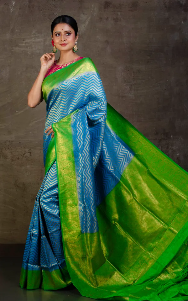 Tan_Chui_Brocade_Work_Katan_Silk_Saree_In_Golden_Azure_Blue_And_Parakeet_Green