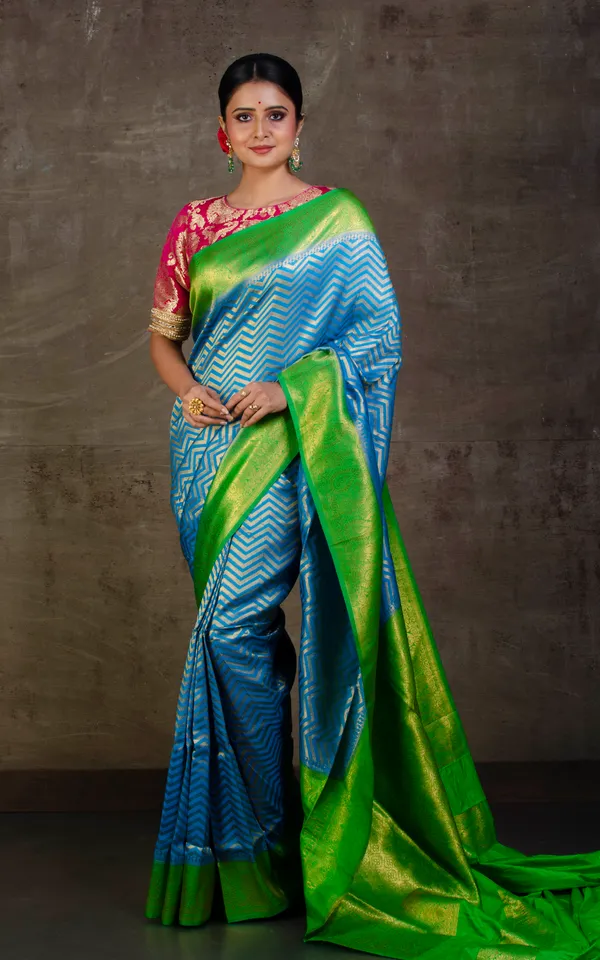 Tan_Chui_Brocade_Work_Katan_Silk_Saree_In_Golden_Azure_Blue_And_Parakeet_Green