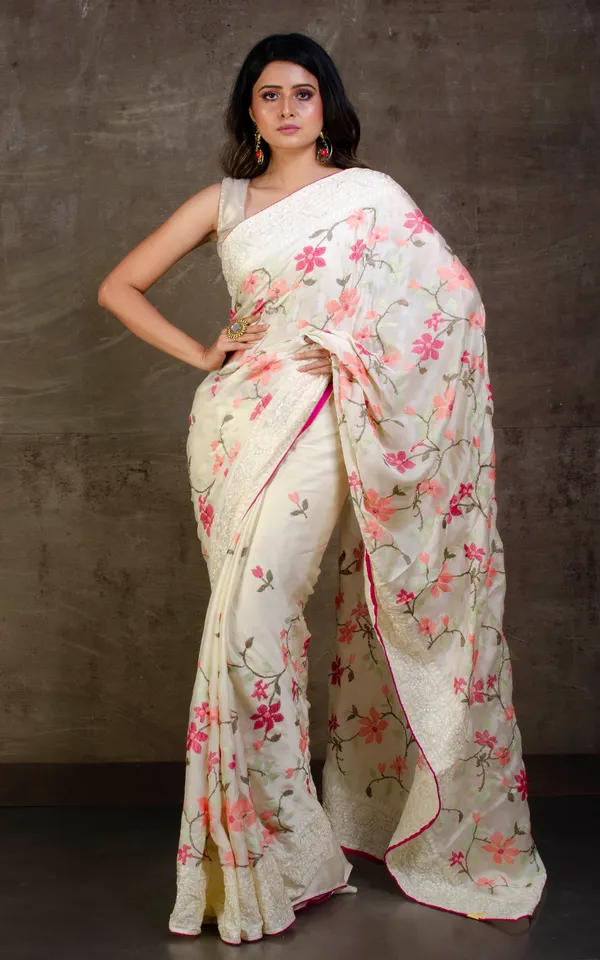 Parsi_Cross_Stitch_Work_Designer_Italian_Crepe_Silk_Saree_In_Off_White_Magenta_And_Multicolor_Thread_Work