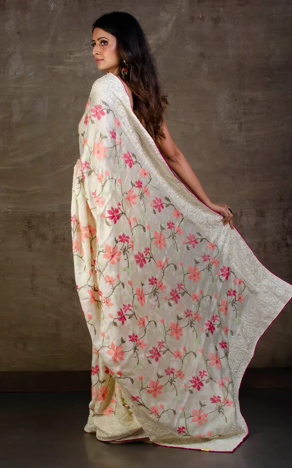 Parsi_Cross_Stitch_Work_Designer_Italian_Crepe_Silk_Saree_In_Off_White_Magenta_And_Multicolor_Thread_Work