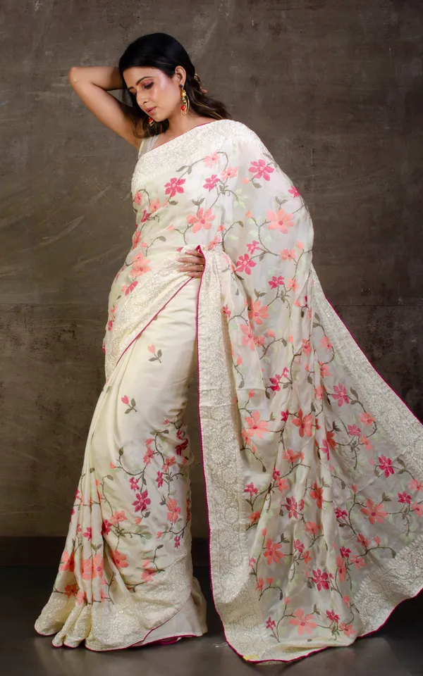 Parsi_Cross_Stitch_Work_Designer_Italian_Crepe_Silk_Saree_In_Off_White_Magenta_And_Multicolor_Thread_Work