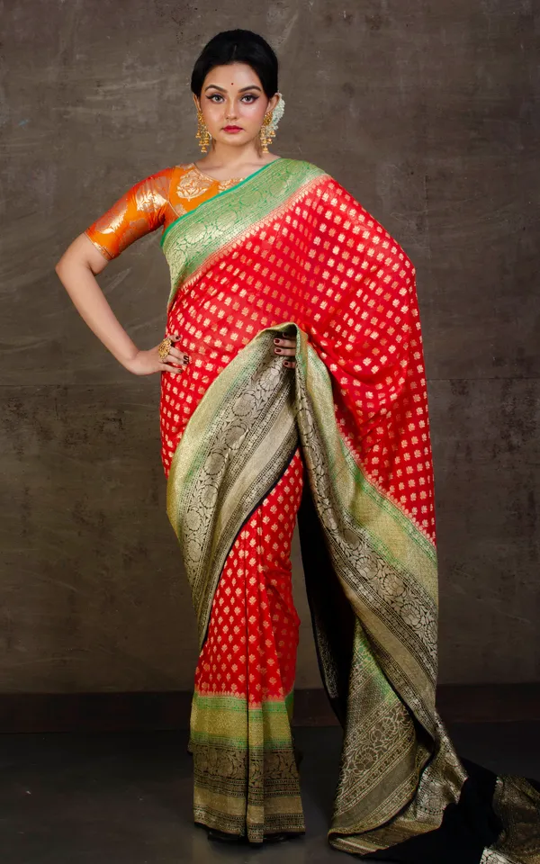 Skirt_Border_Khaddi_Georgette_Banarasi_Saree_In_Red_Green_And_Black