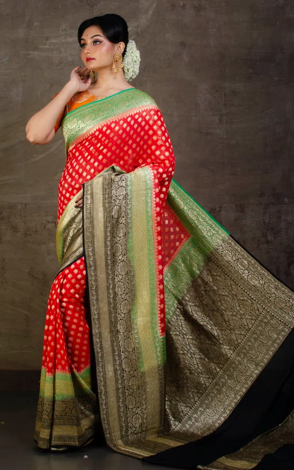 Skirt_Border_Khaddi_Georgette_Banarasi_Saree_In_Red_Green_And_Black