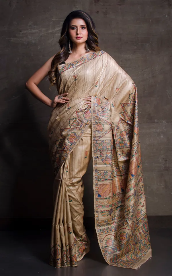 Hand_Paint_Madhubani_On_Natural_Ghicha_Tussar_Silk_Saree